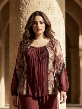 Y2K Vintage Women's Red & Cream Lace-Trim Sleepwear Top